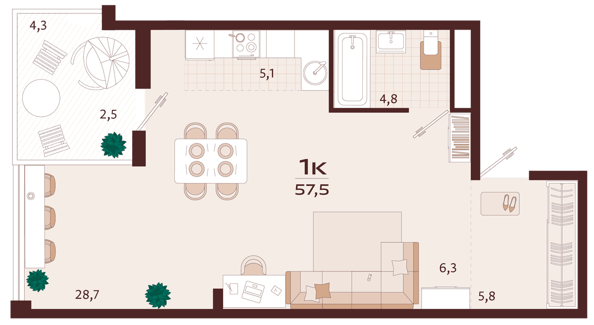 1-к, 57.5 м² · Роялта