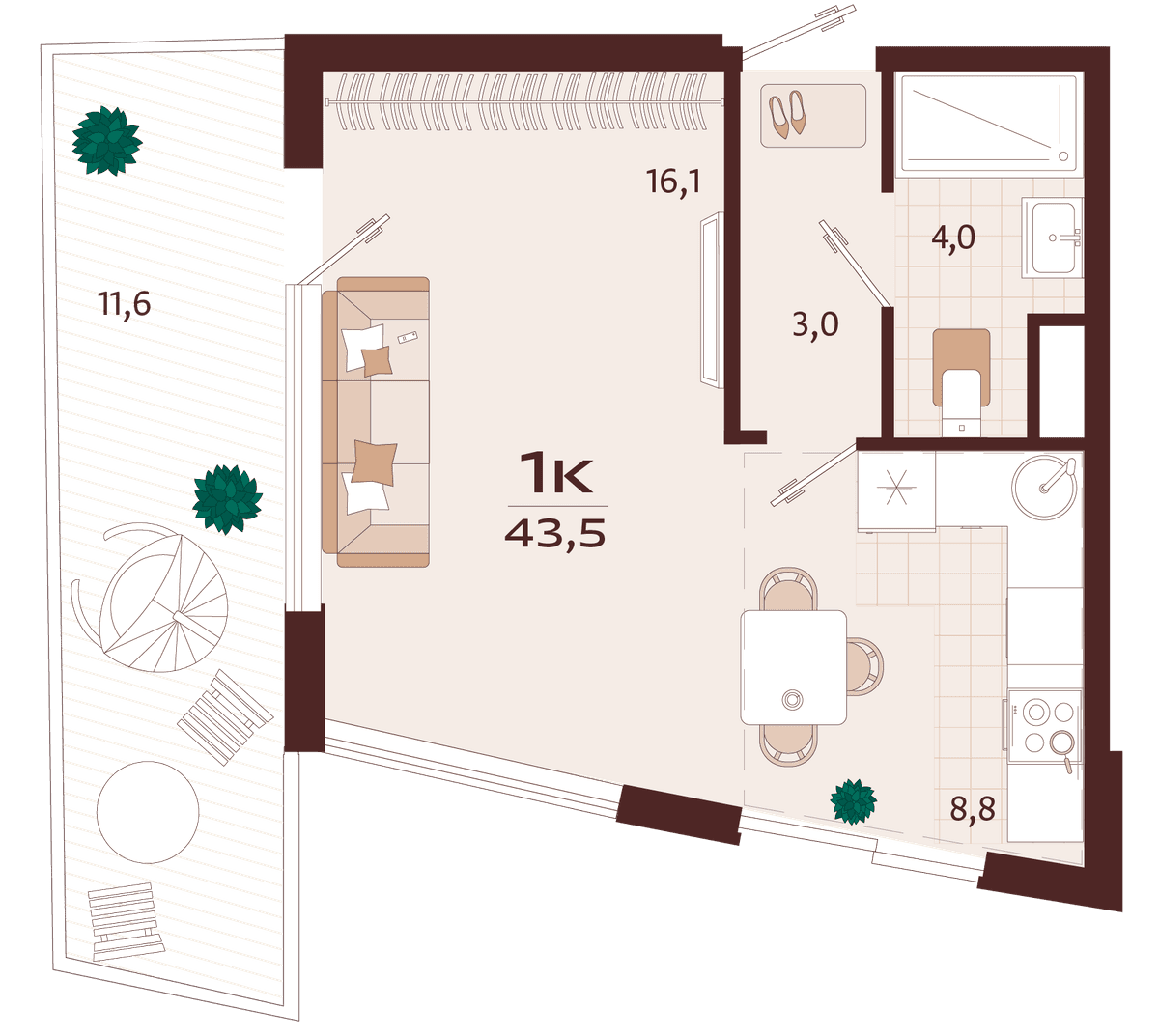 1-к, 43.5 м² · Роялта