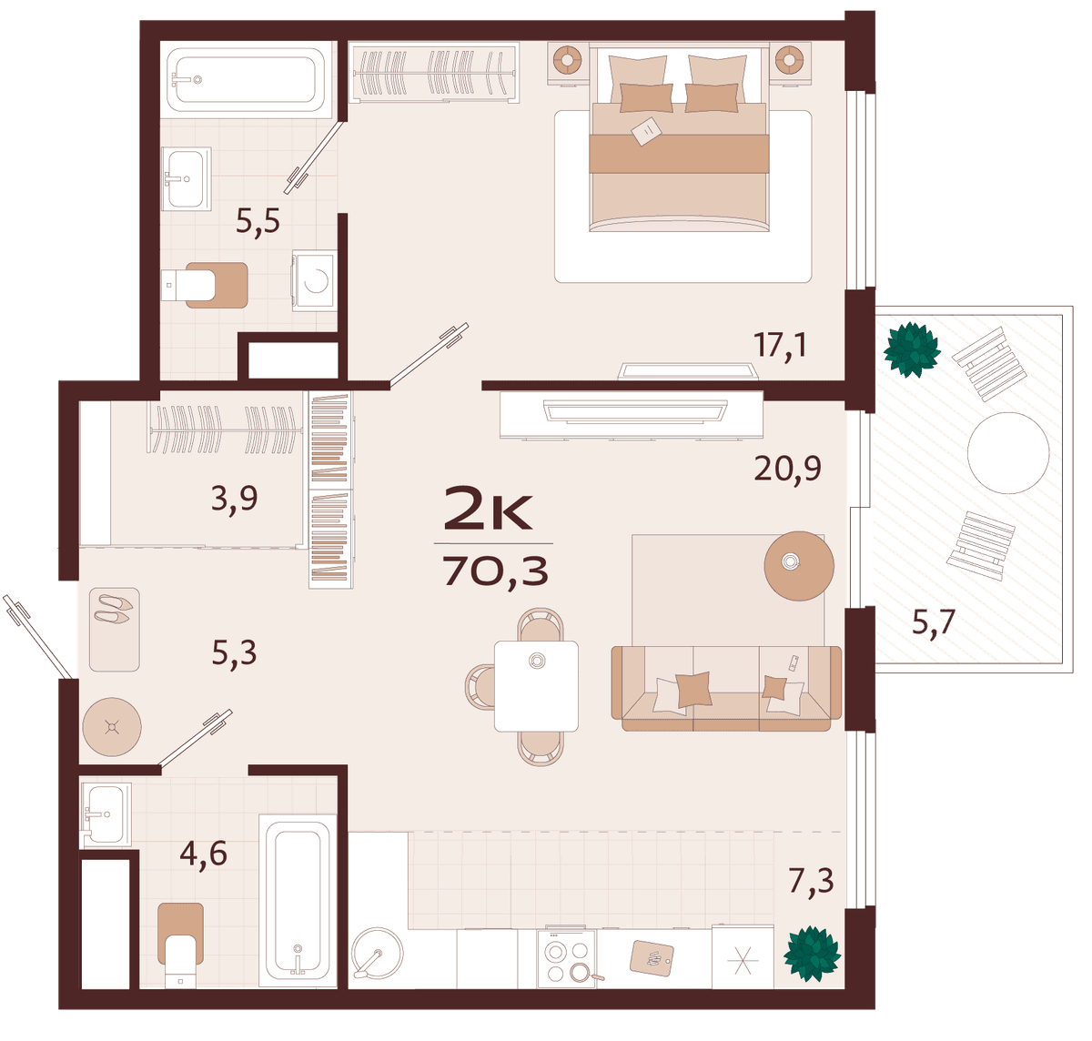 2-к, 70.3 м² · Роялта