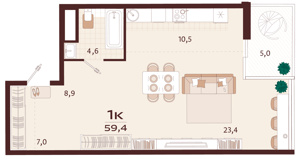 1-к, 59.4 м² · Роялта