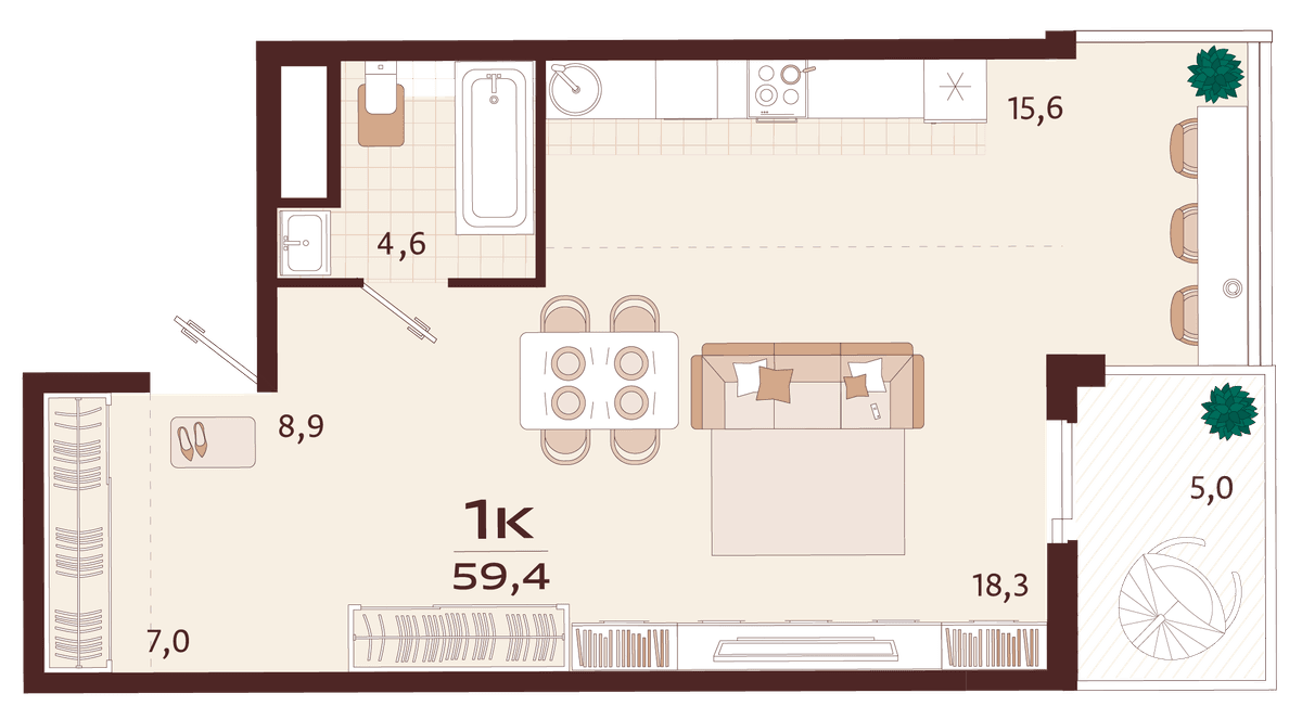 1-к, 59.4 м² · Роялта
