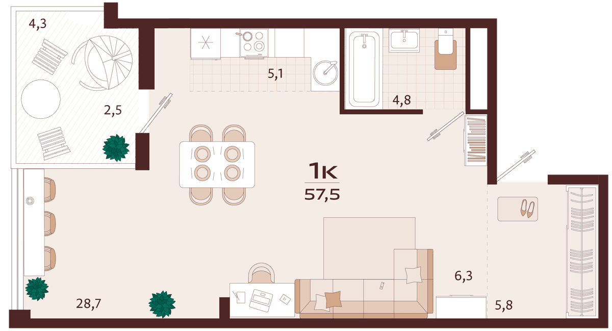 1-к, 57.5 м² · Роялта
