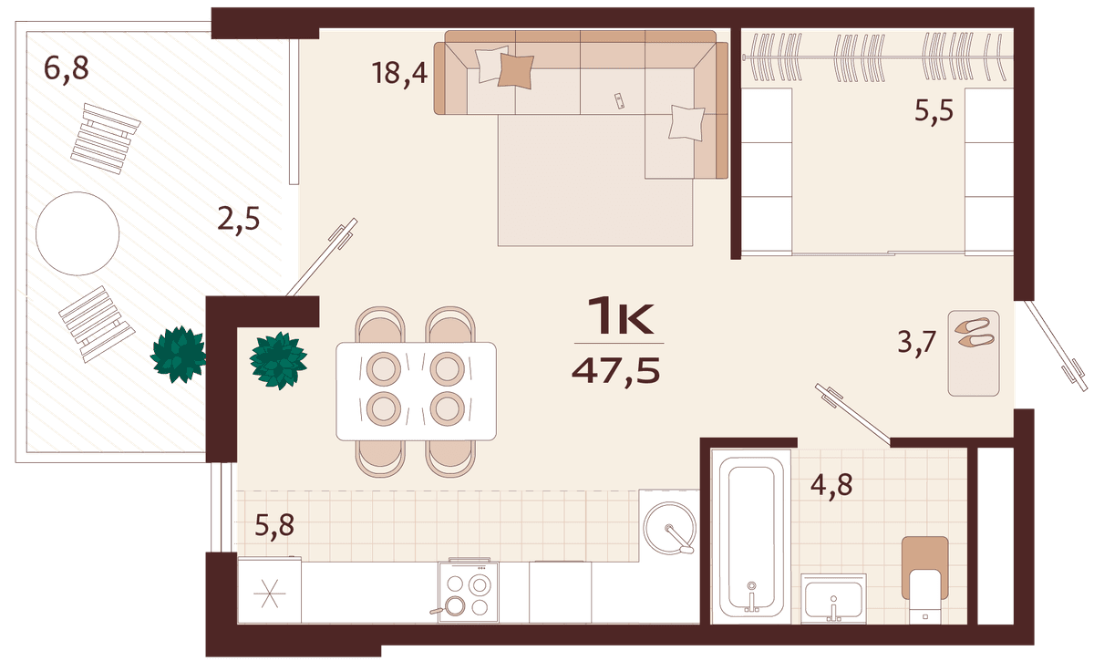 1-к, 47.5 м² · Роялта