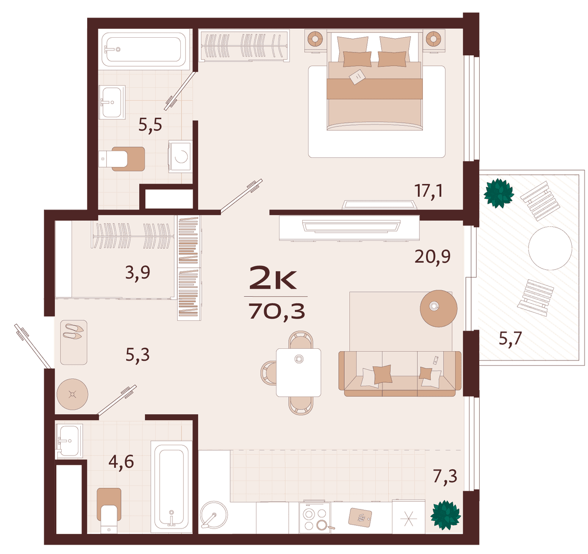 2-к, 70.3 м² · Роялта