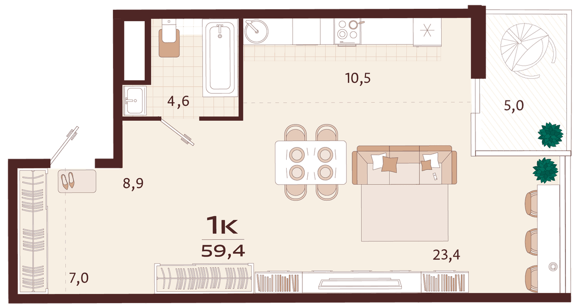 1-к, 59.4 м² · Роялта