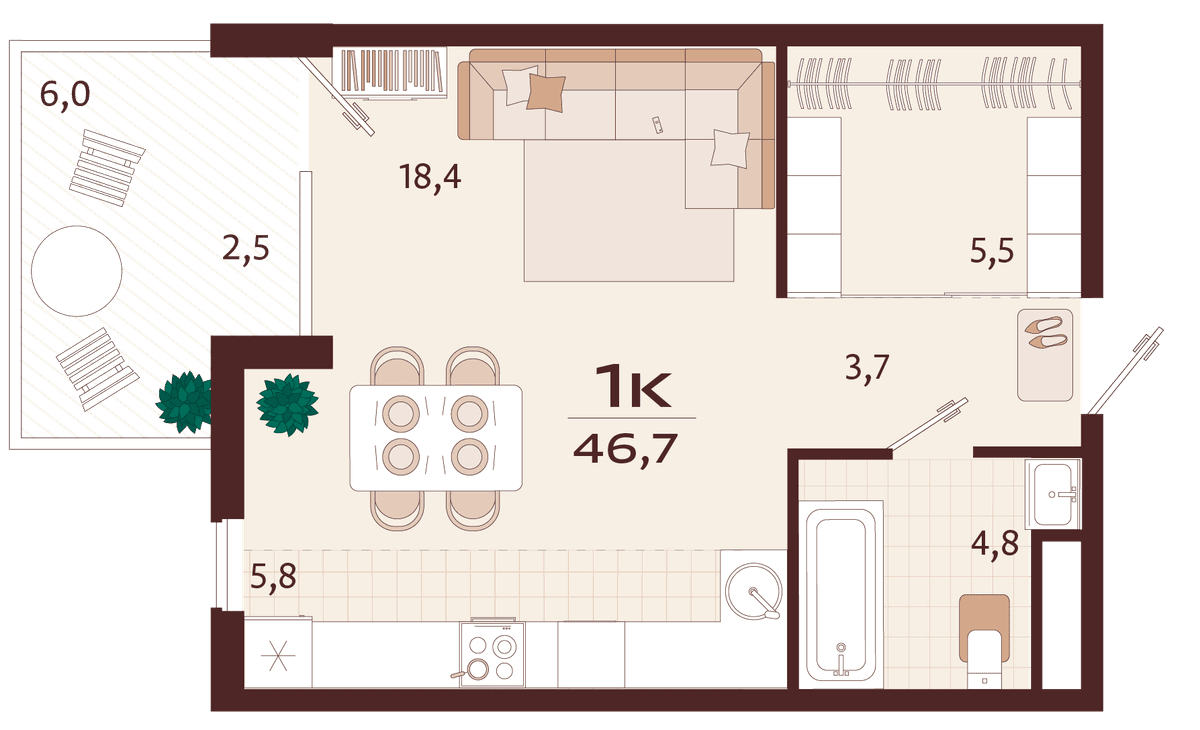 1-к, 46.7 м² · Роялта