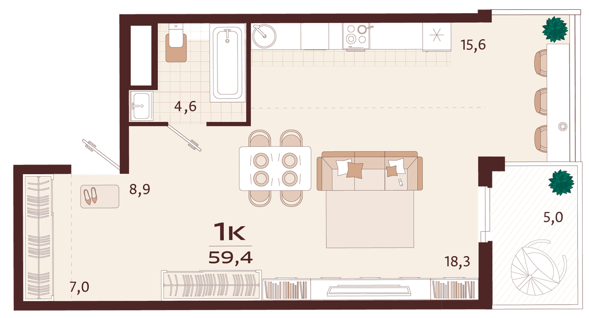 1-к, 59.4 м² · Роялта