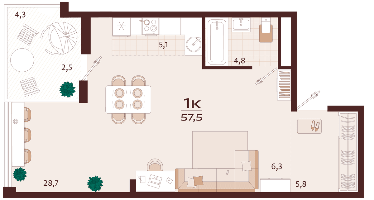 1-к, 57.5 м² · Роялта