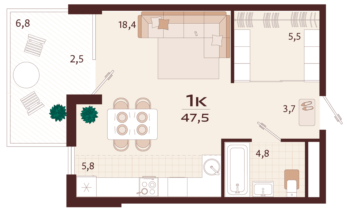 1-к, 47.5 м² · Роялта