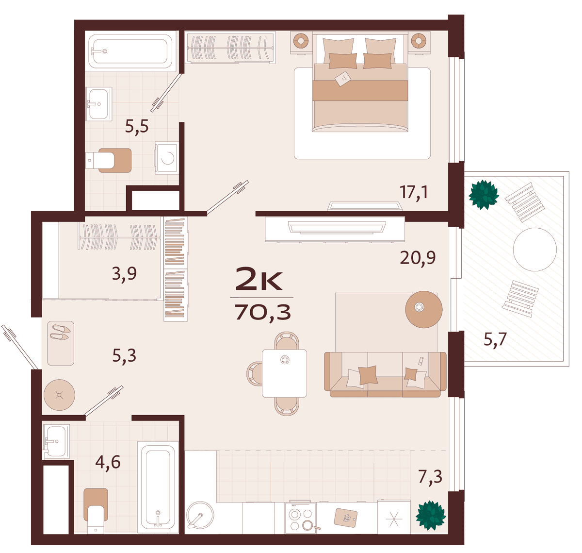 2-к, 70.3 м² · Роялта