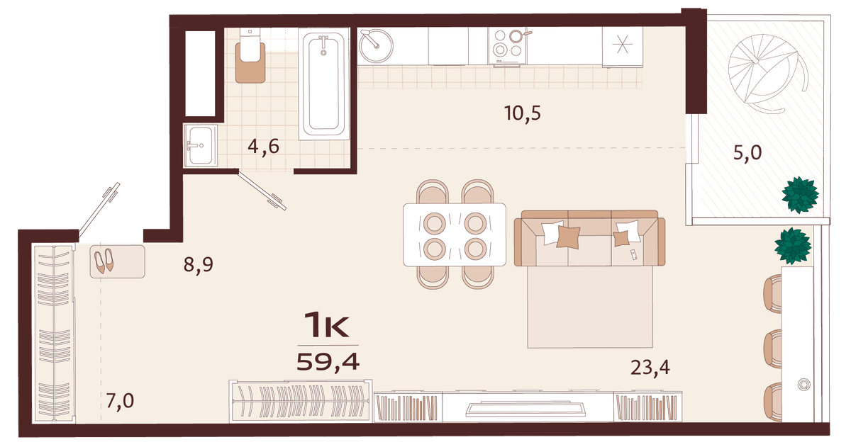 1-к, 59.4 м² · Роялта