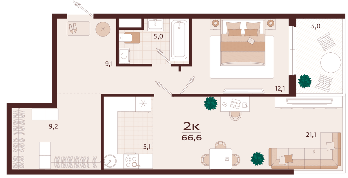 2-к, 66.6 м² · Роялта