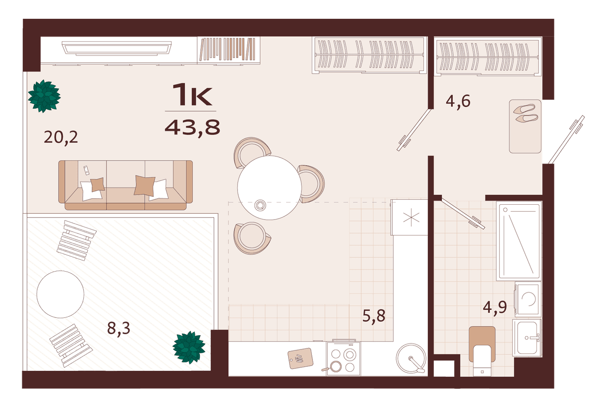 1-к, 43.8 м² · Роялта