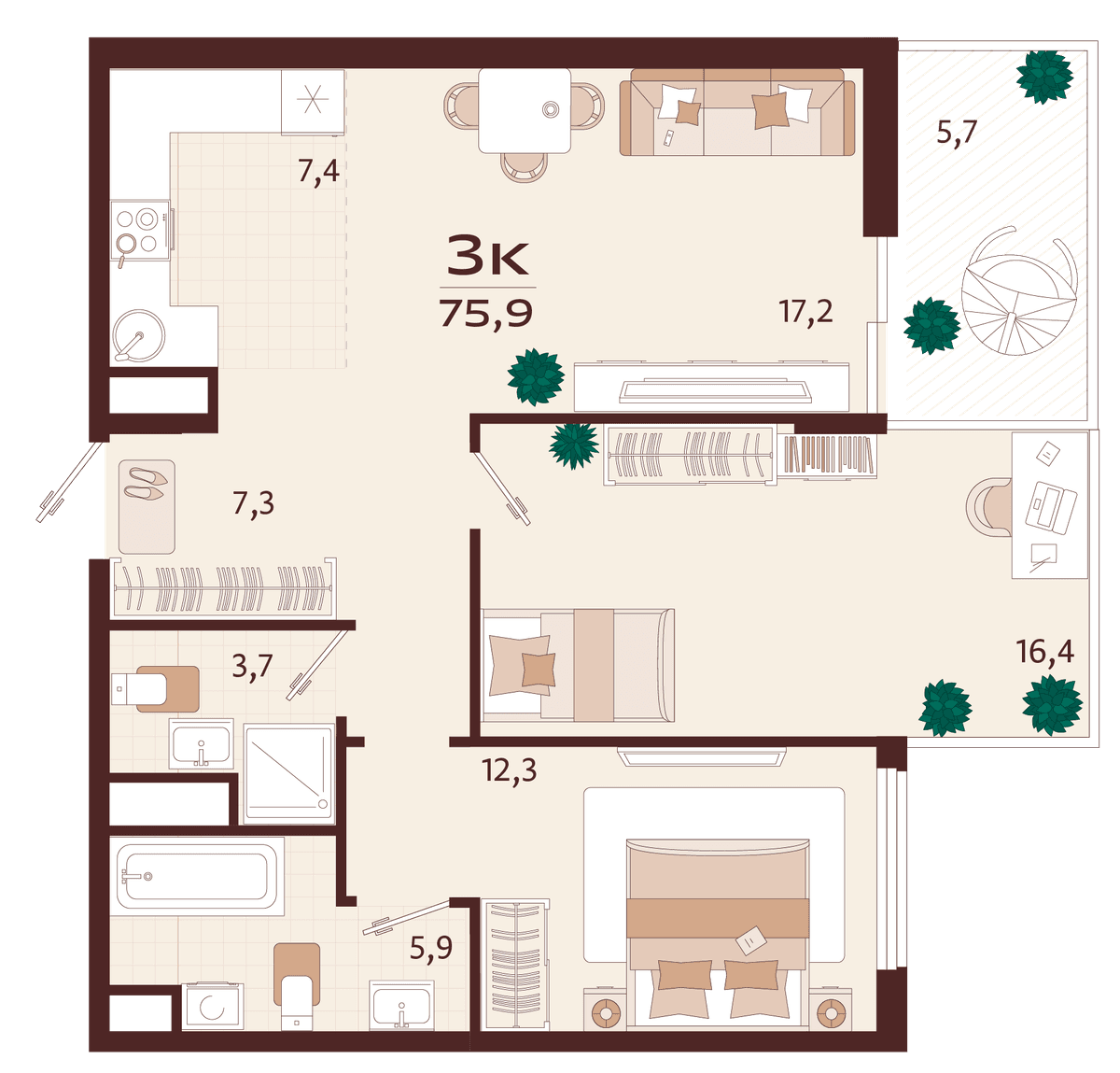 3-к, 75.9 м² · Роялта