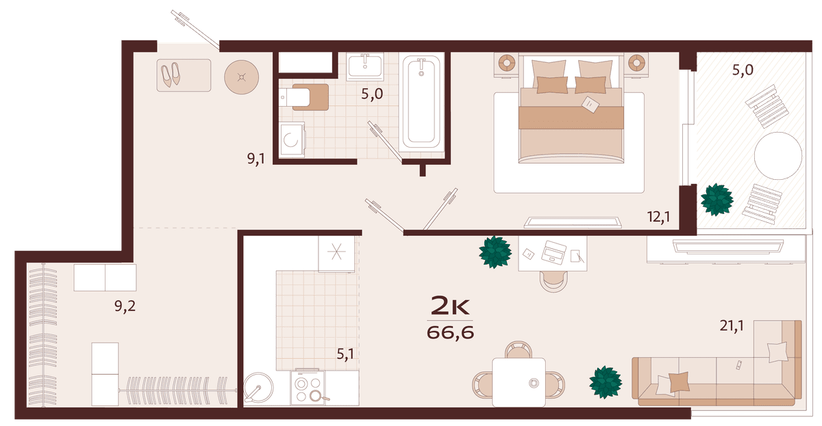 2-к, 66.6 м² · Роялта