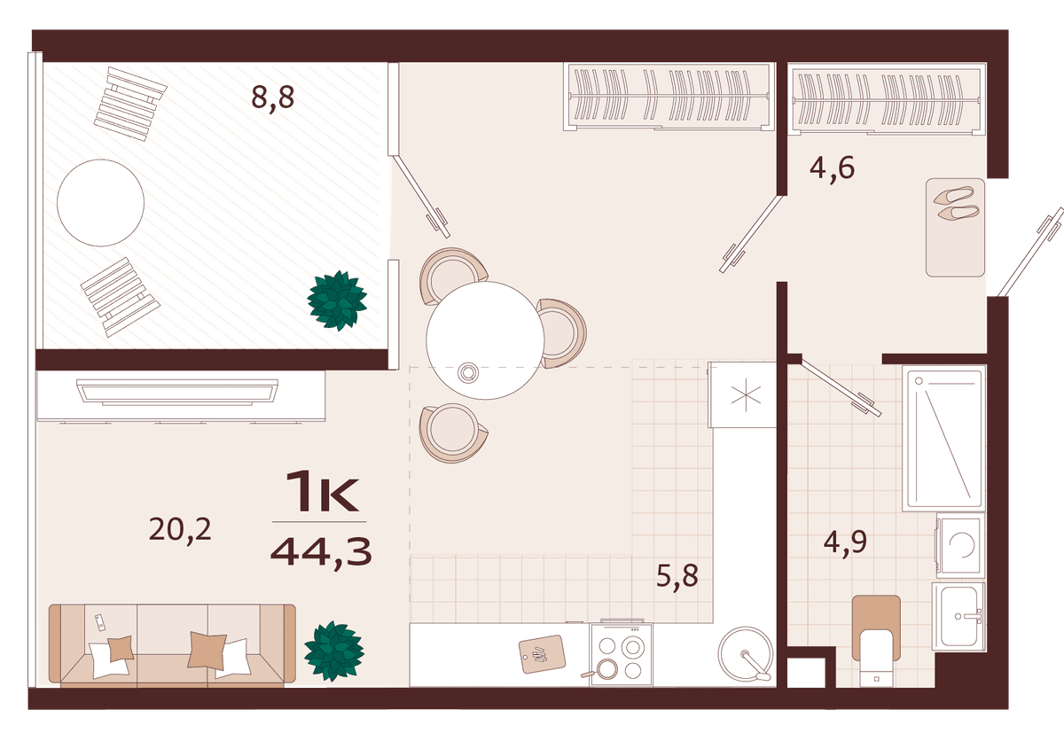 1-к, 44.3 м² · Роялта