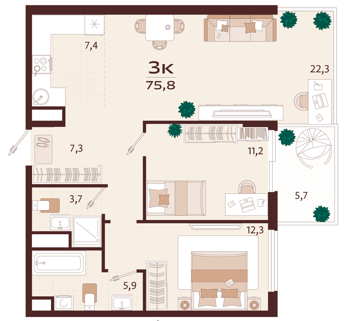 3-к, 75.8 м² · Роялта