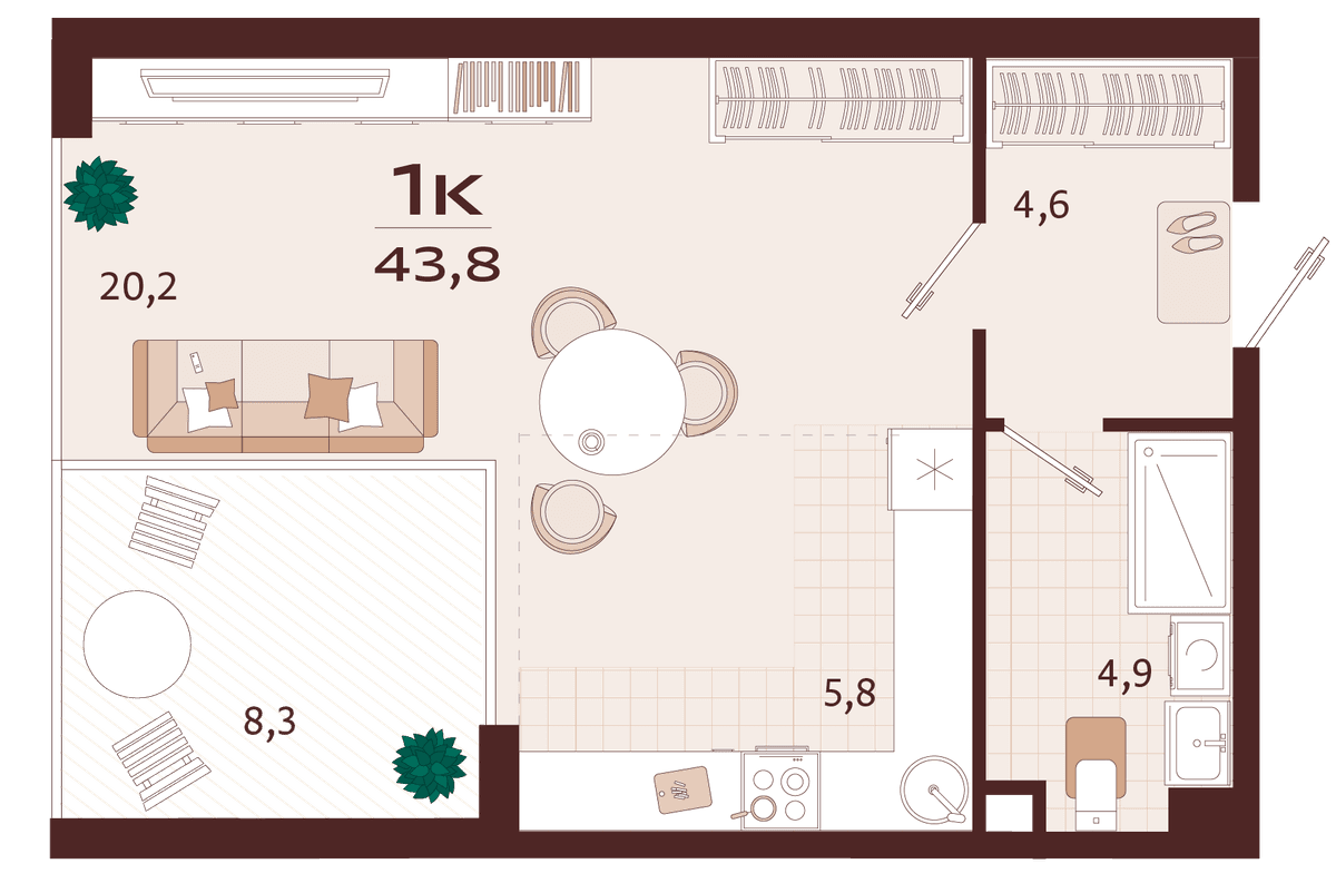 1-к, 43.8 м² · Роялта