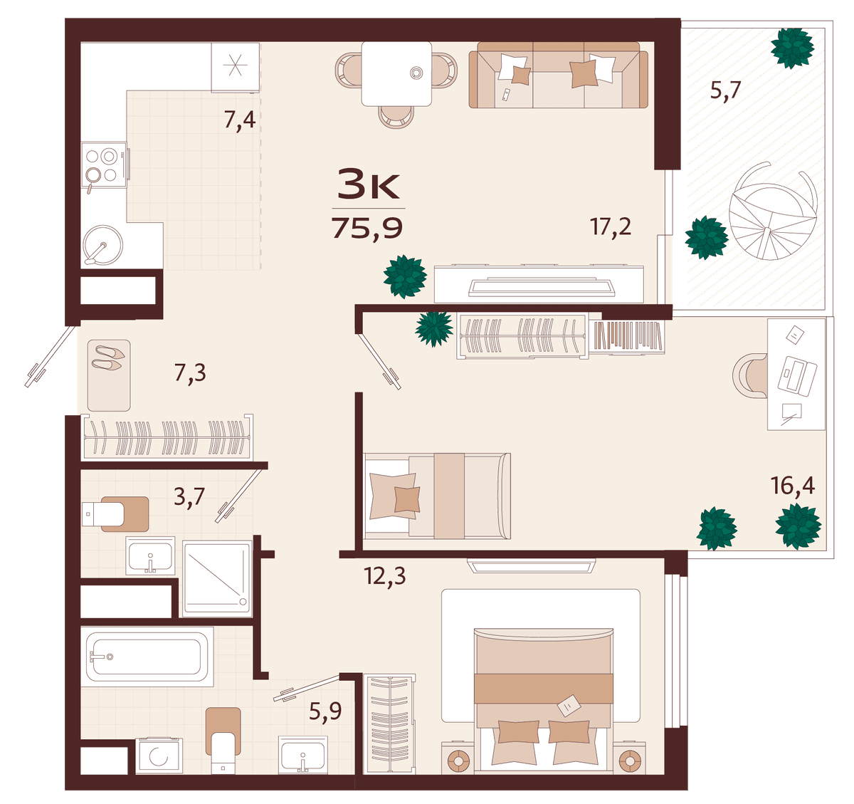 3-к, 75.9 м² · Роялта