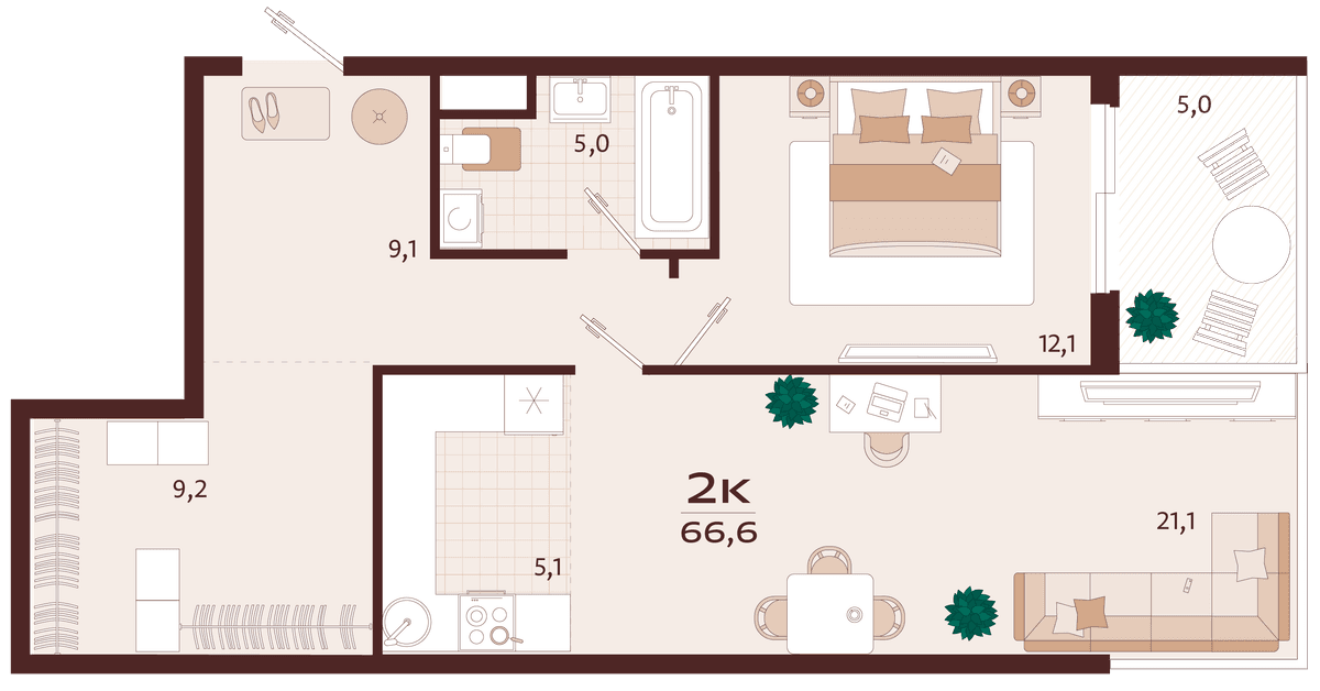 2-к, 66.6 м² · Роялта