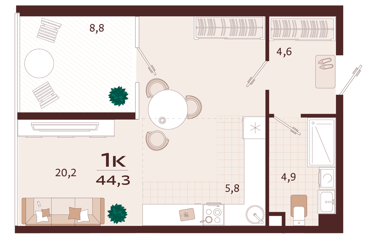 1-к, 44.3 м² · Роялта