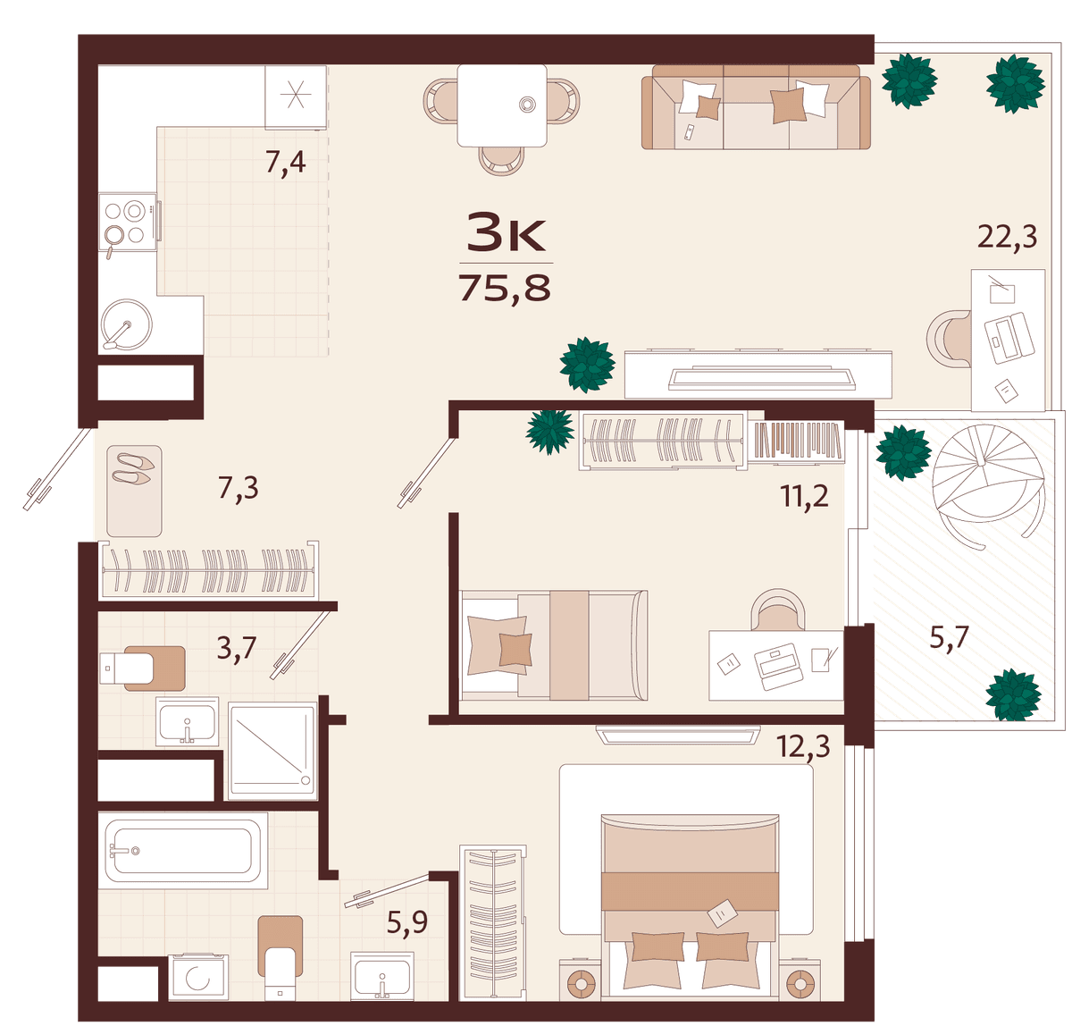 3-к, 75.8 м² · Роялта