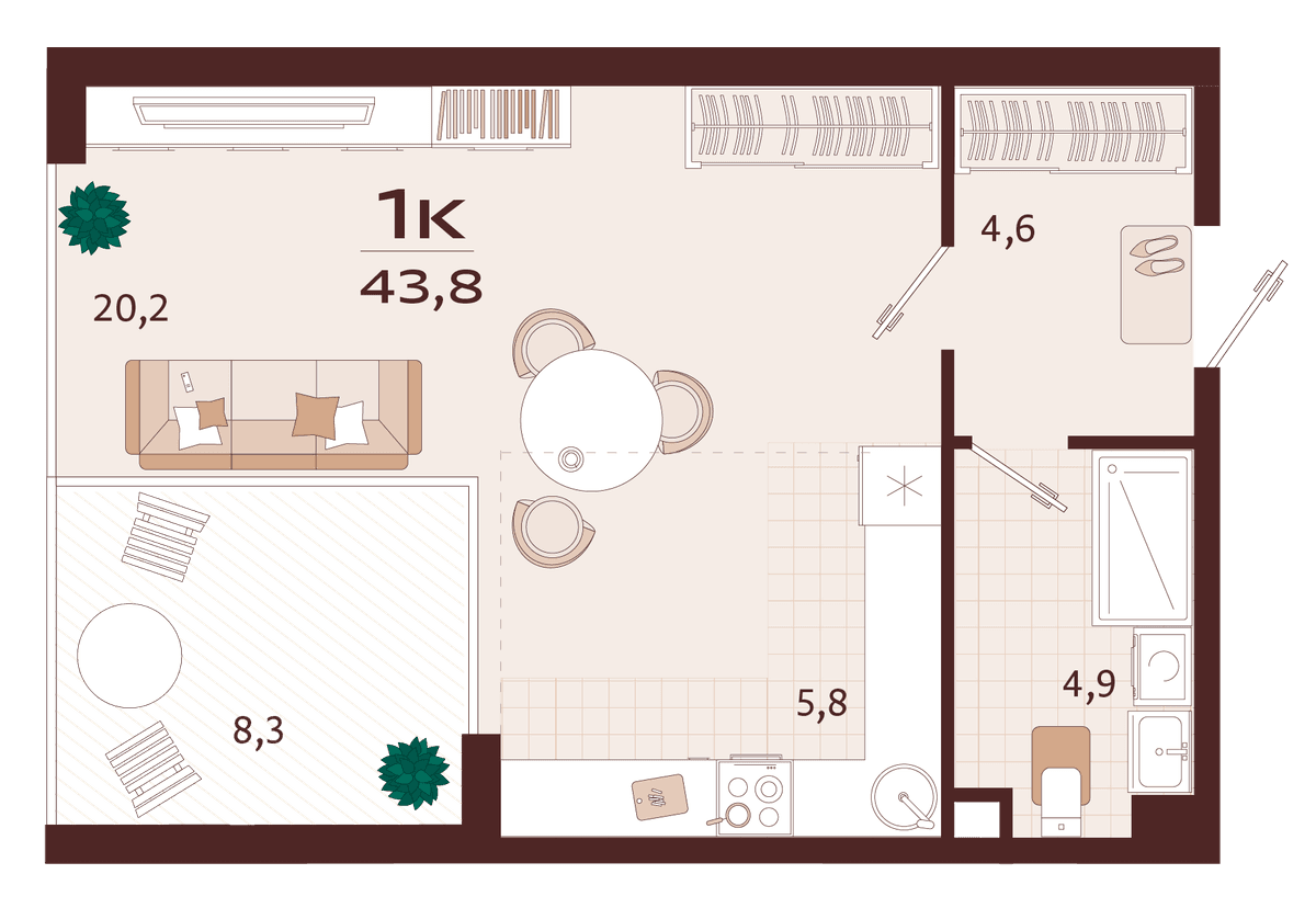 1-к, 43.8 м² · Роялта