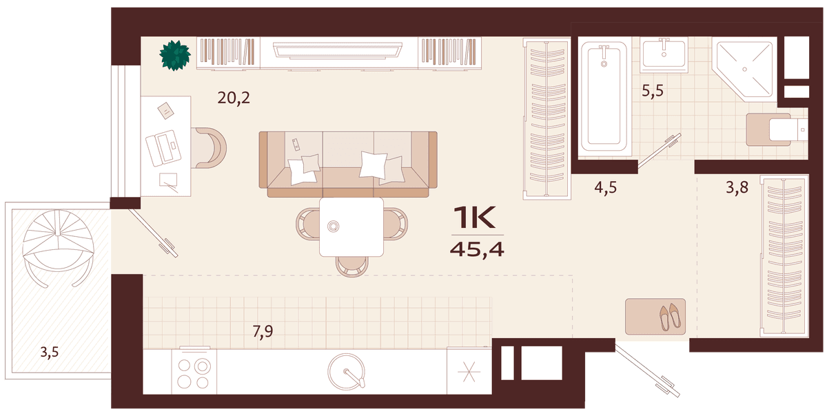 1-к, 45.4 м² · Роялта