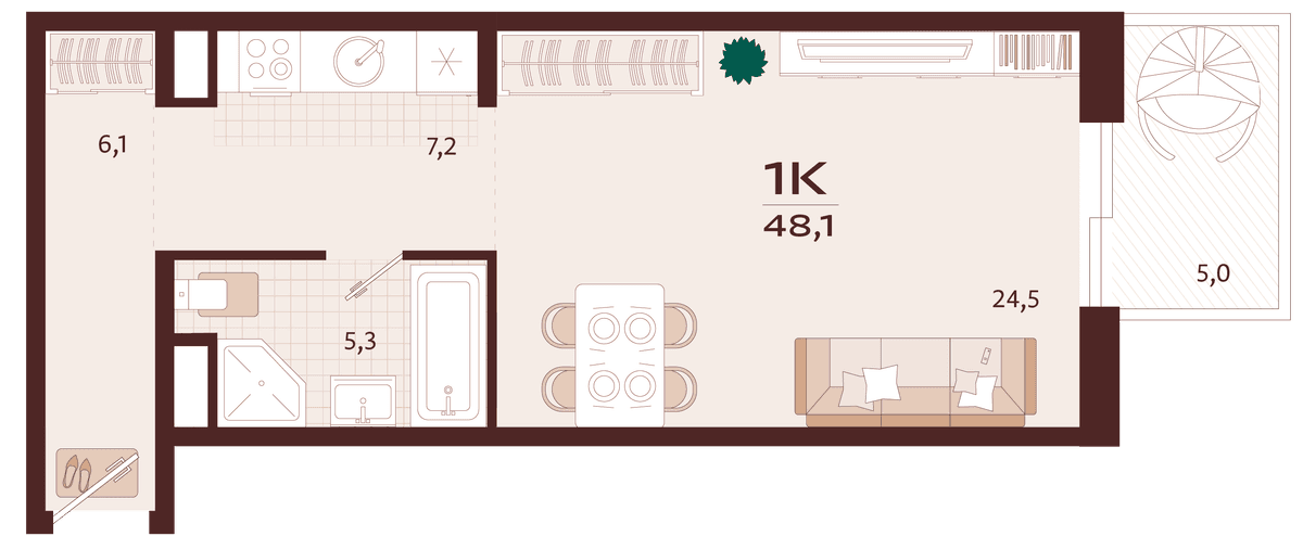 1-к, 48.1 м² · Роялта
