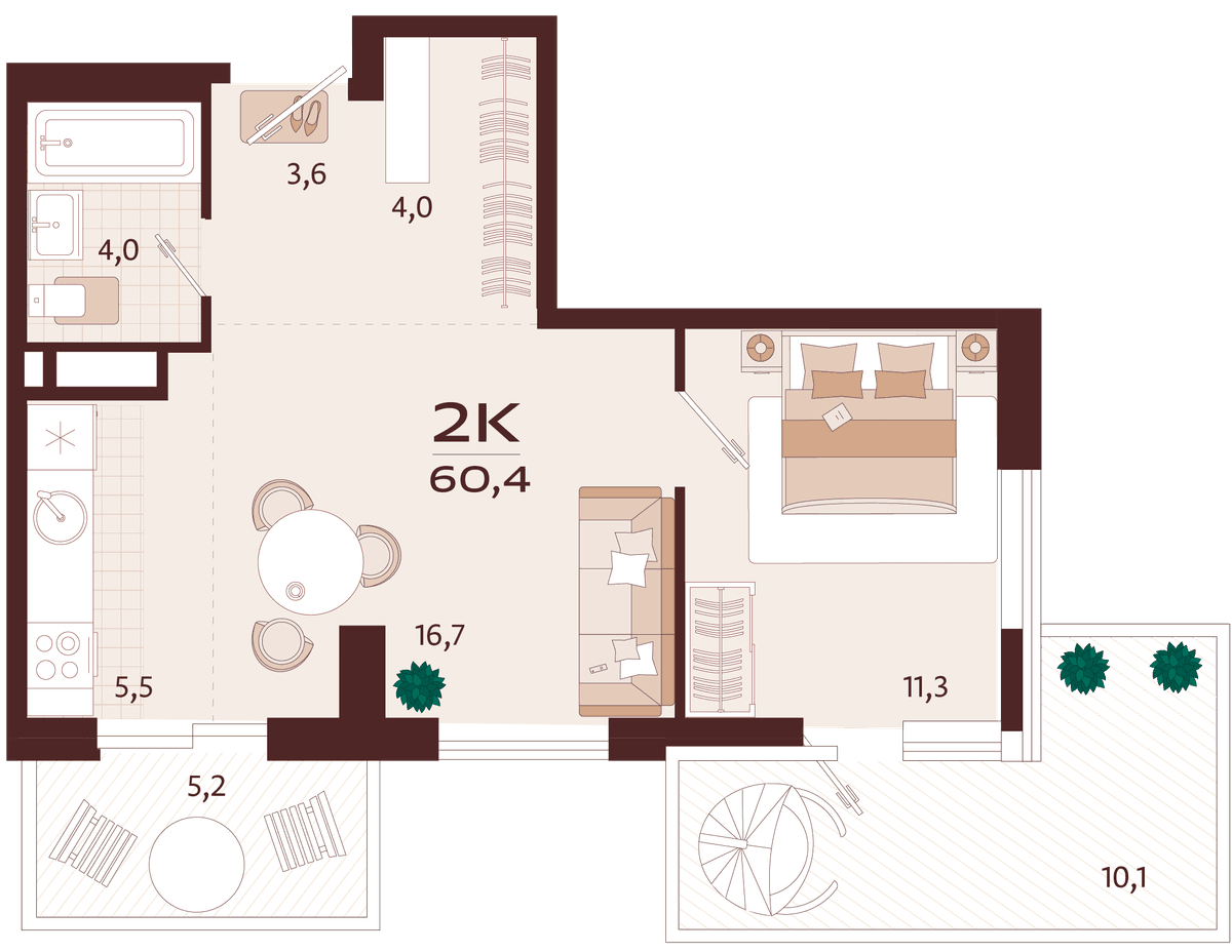 2-к, 60.4 м² · Роялта