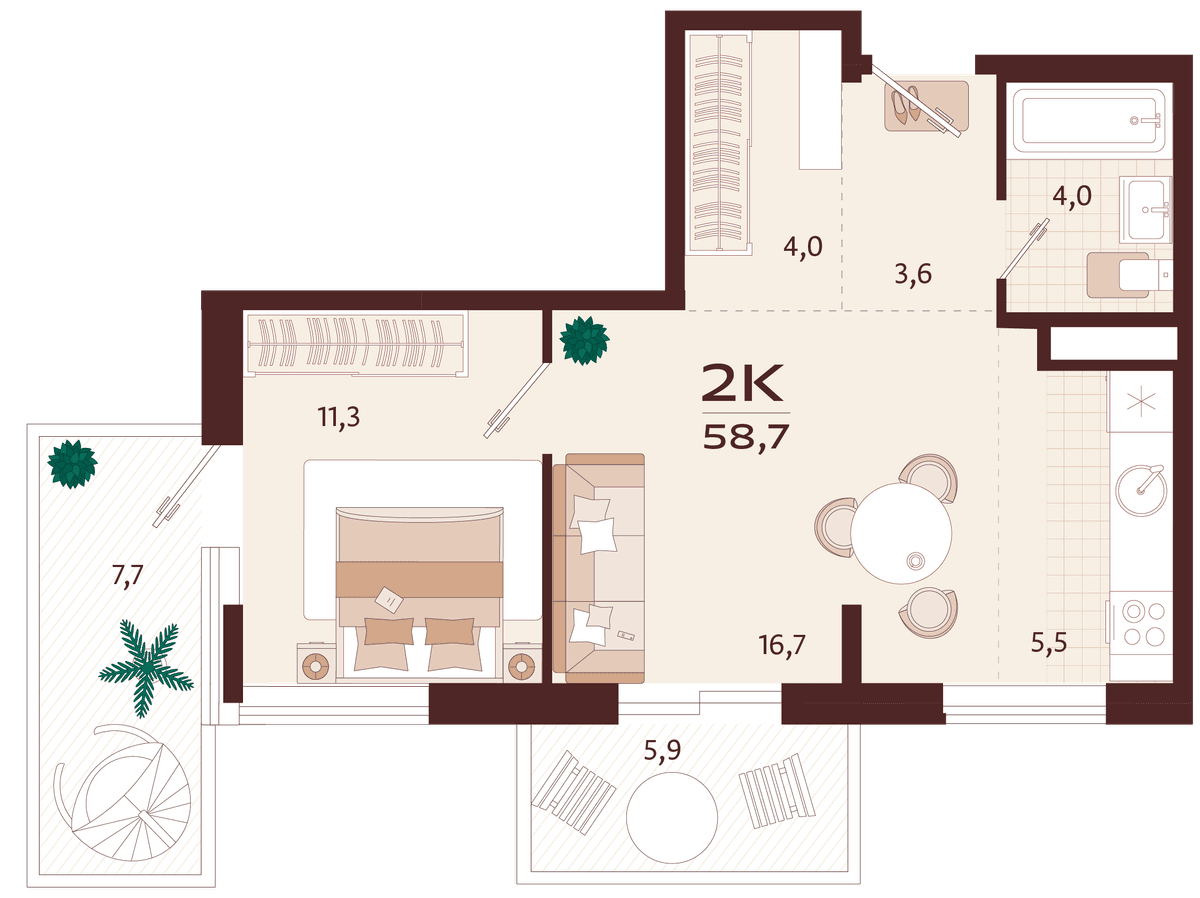 2-к, 58.7 м² · Роялта