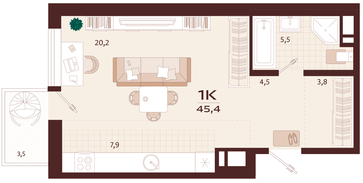 1-к, 45.4 м² · Роялта