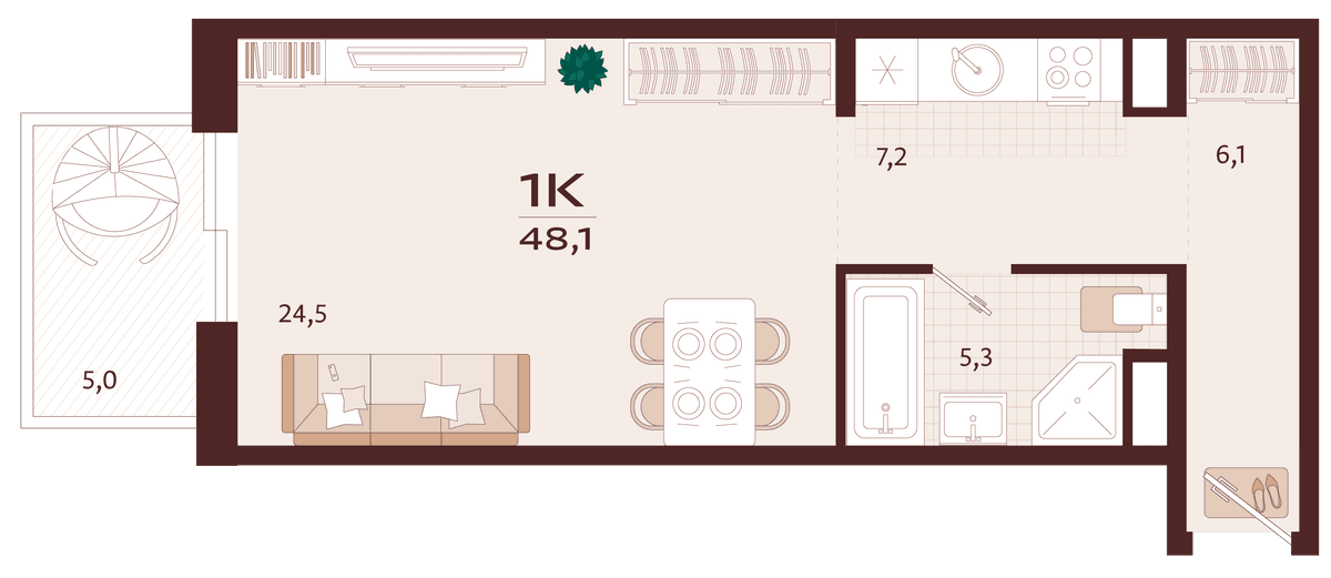 1-к, 48.1 м² · Роялта