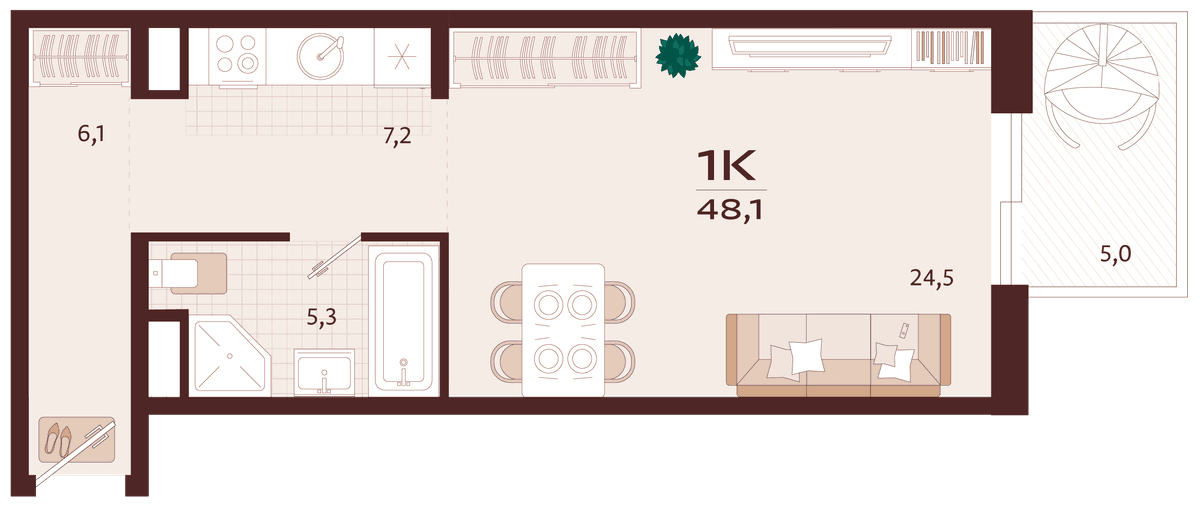 1-к, 48.1 м² · Роялта