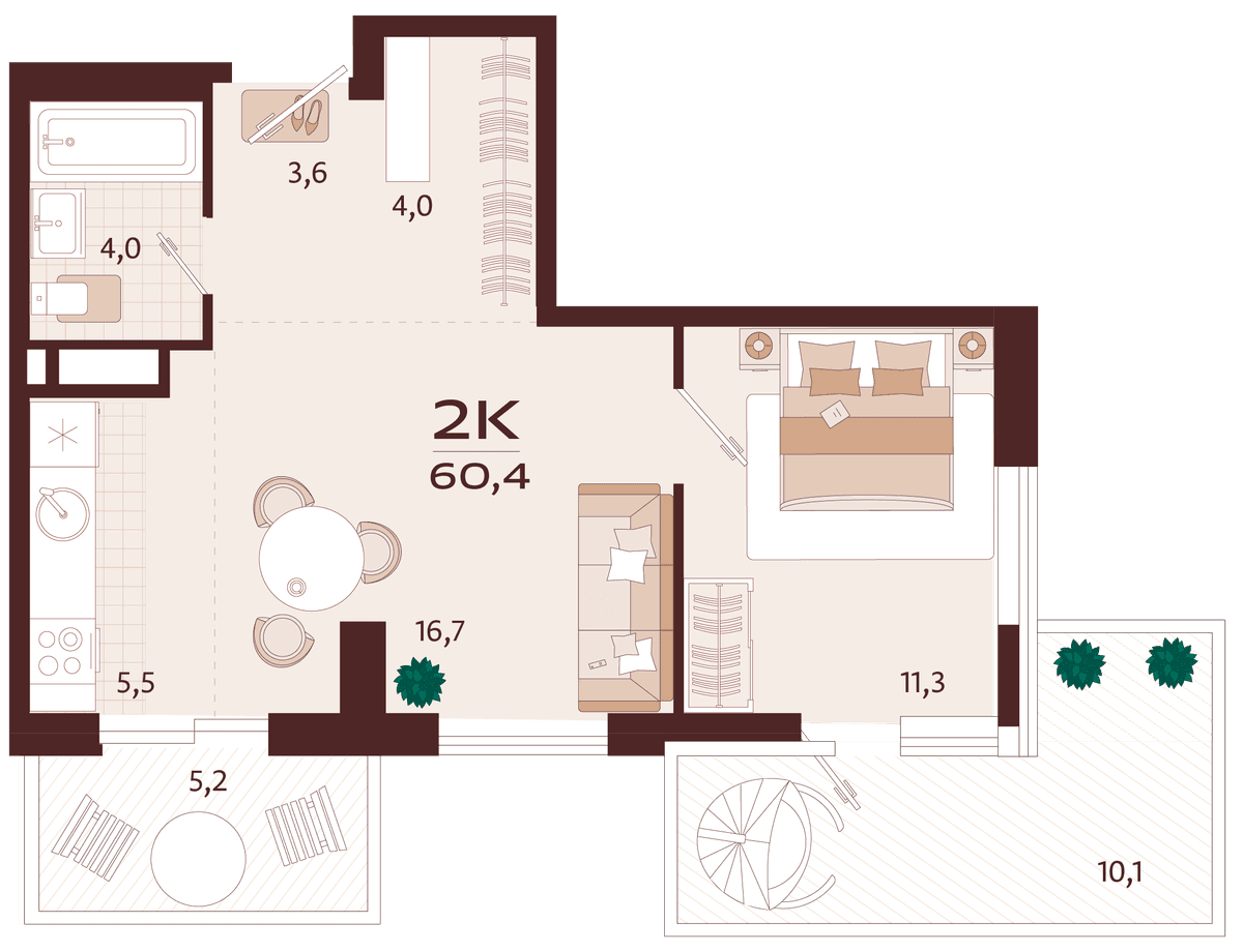 2-к, 60.4 м² · Роялта