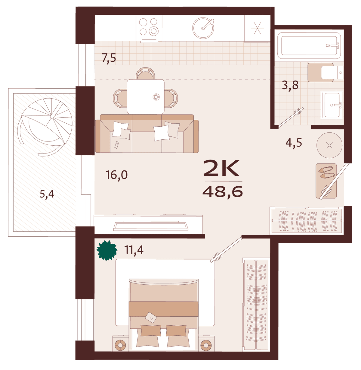 1-к, 48.6 м² · Роялта