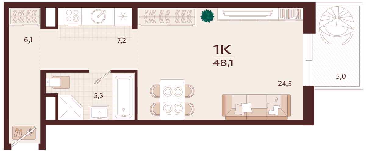 1-к, 48.1 м² · Роялта