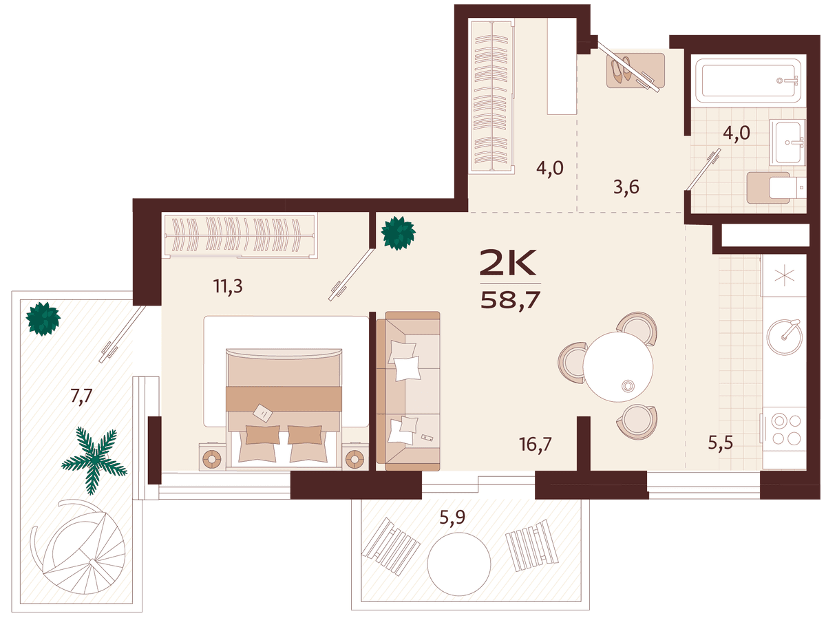 2-к, 58.7 м² · Роялта
