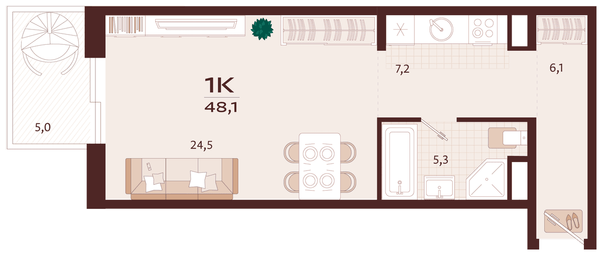 1-к, 48.1 м² · Роялта