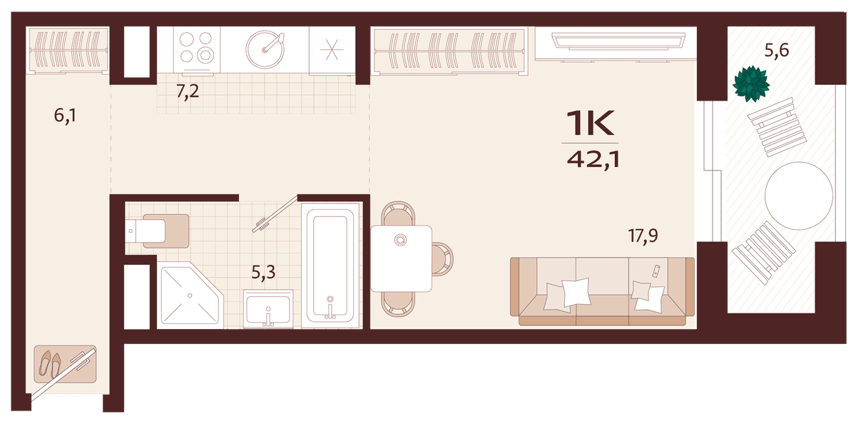 1-к, 42.1 м² · Роялта