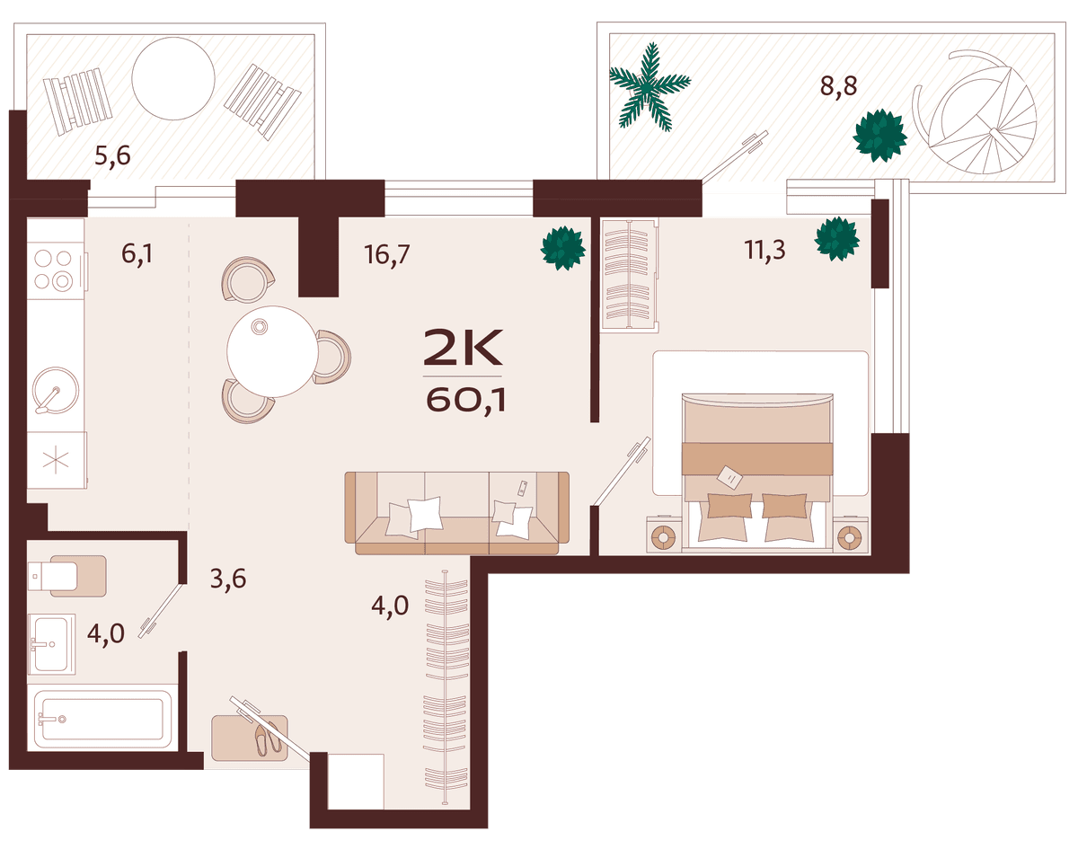 2-к, 60.1 м² · Роялта