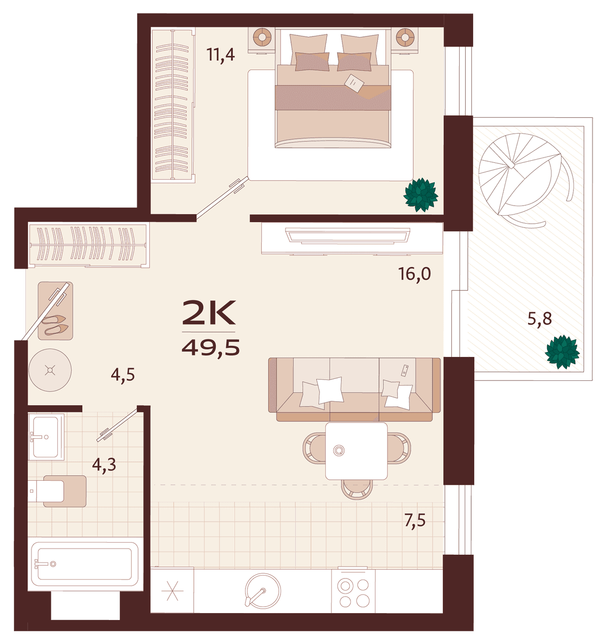 2-к, 49.5 м² · Роялта
