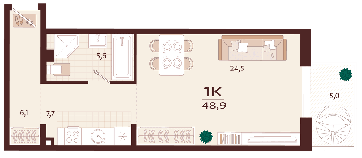 1-к, 48.9 м² · Роялта