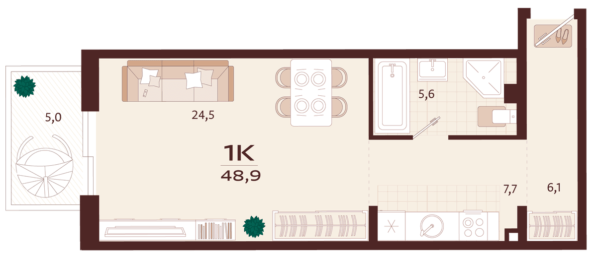 1-к, 48.9 м² · Роялта