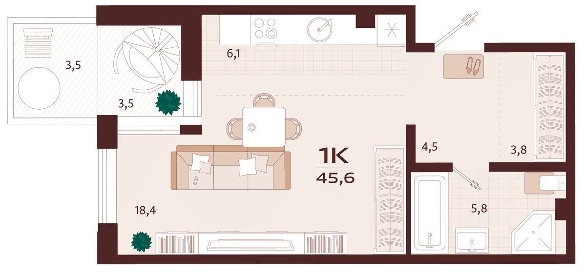 1-к, 45.6 м² · Роялта