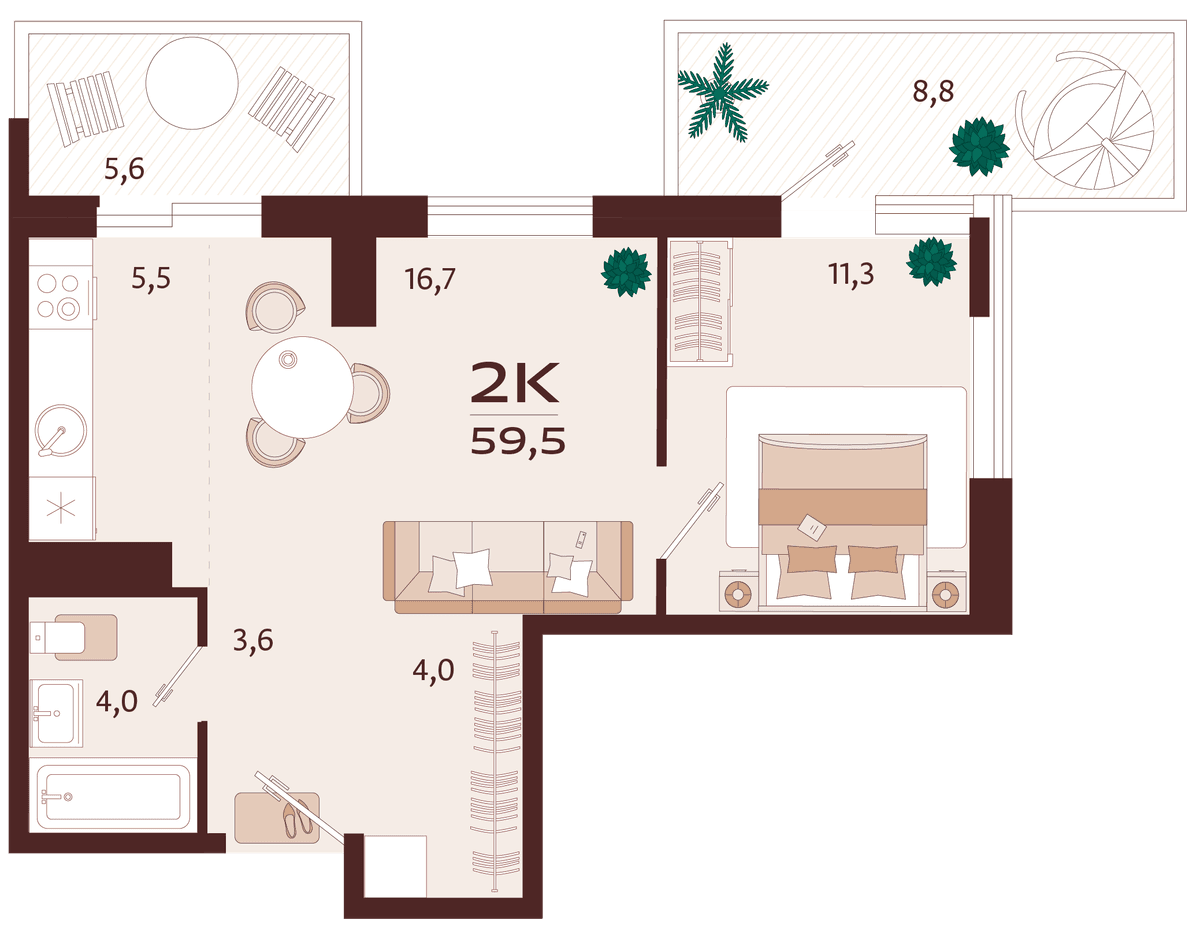 2-к, 59.5 м² · Роялта