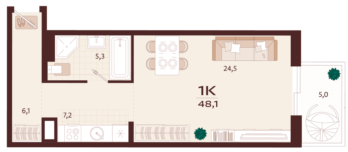 1-к, 48.1 м² · Роялта