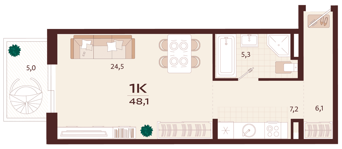 1-к, 48.1 м² · Роялта