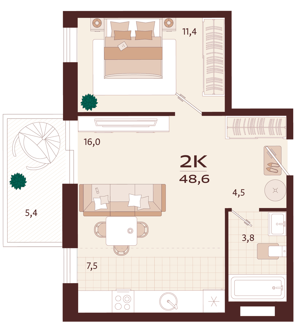 2-к, 48.6 м² · Роялта