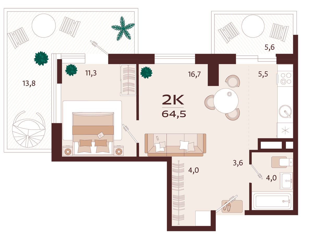 2-к, 64.5 м² · Роялта